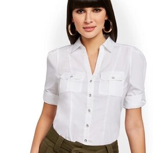 New York & Company small button up yellow Tunic w/ Pockets 3/4 length sleeve[78]